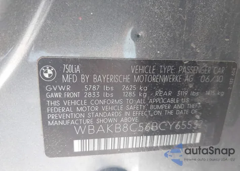 2011 BMW 750Li z USA, uszkodzony, nr VIN WBAKB8C56BCY65532